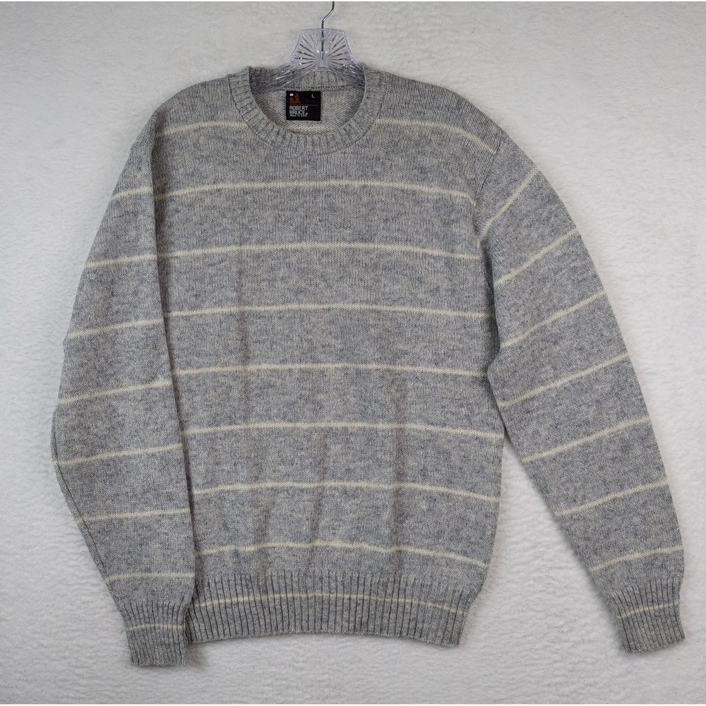 Vintage Robert Bruce Sweater Wool Mens Size Large White Gray Striped